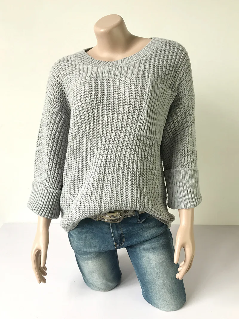 Pocket Loose Sweater and Pullover Autumn Winter Casual Woman O Neck Three Quarter Jumper Grey Black Beige | Женская одежда