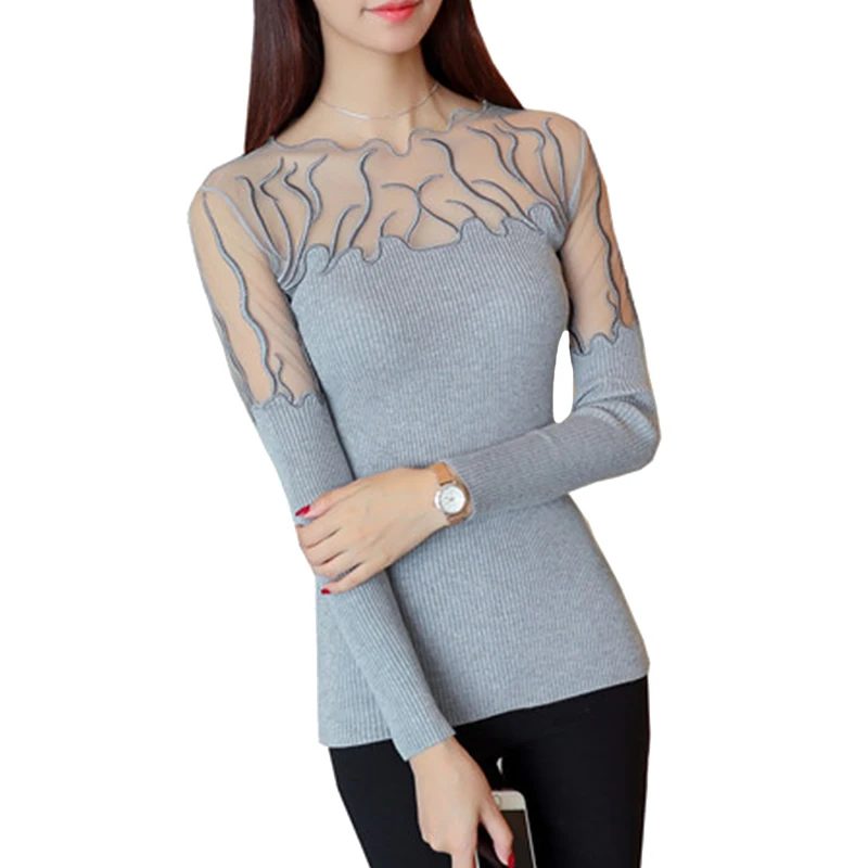 

Sexy lace stitching shirt 2017 new winter dress color thin sweater long sleeved Pullover