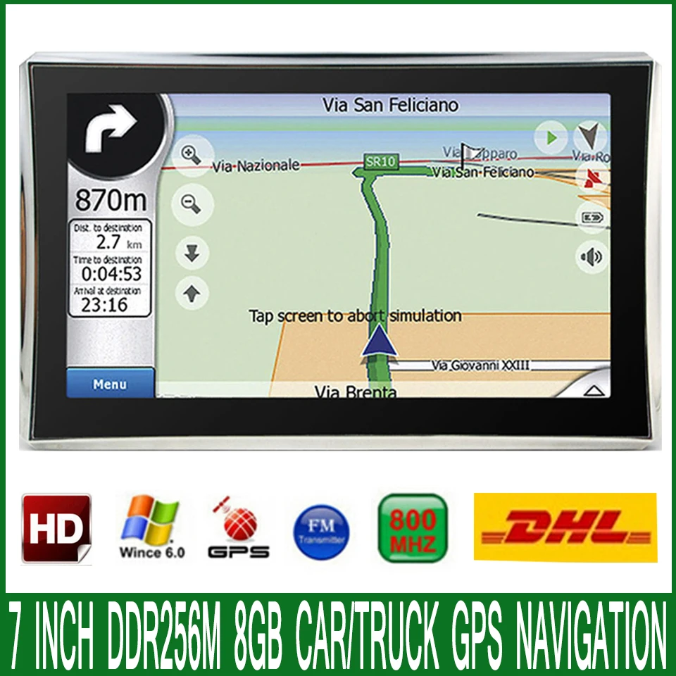 Бесплатная доставка DHL 7-дюймовый автомобильный GPS навигатор 800 м/FM/8 ГБ/256 МБ