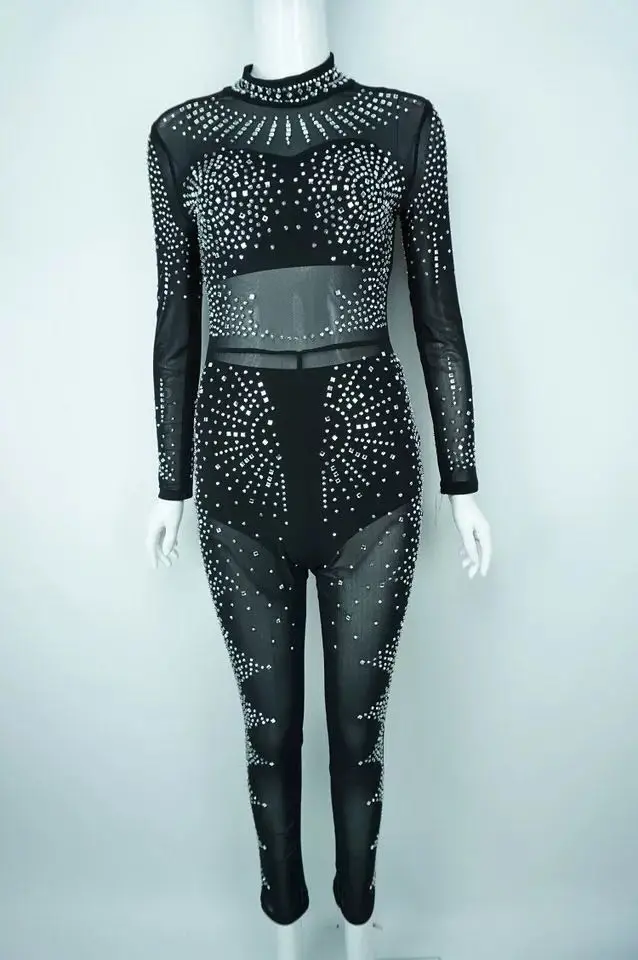 Черный Black Long Sleeve Rhinestone Jumpsuit Sexy Stage Costume Women Singer Crystal Bodysuit Celebrity Performance Wear DNV10970 - Цвет: Черный