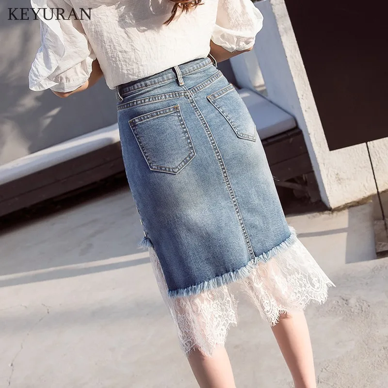 2020 модные джинсовые юбки женские летние кружевные сетчатые в стиле пэчворк