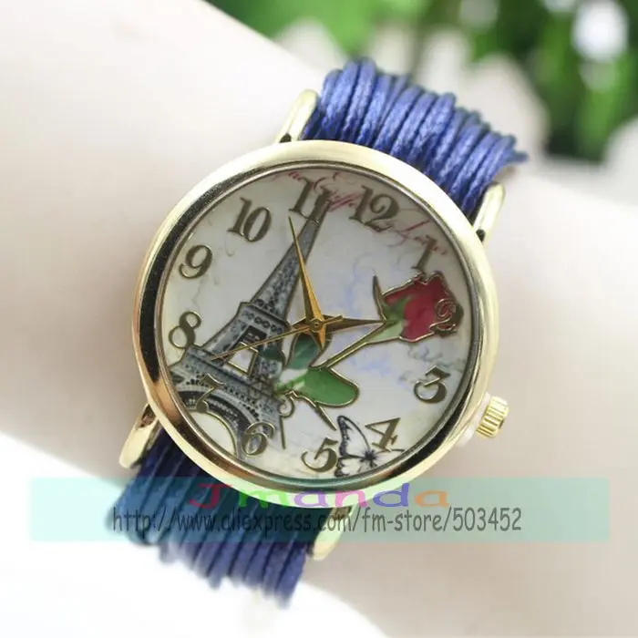 100 шт./лот часы с плетеным шнурком розовым цветком Эйфелевой башней женские