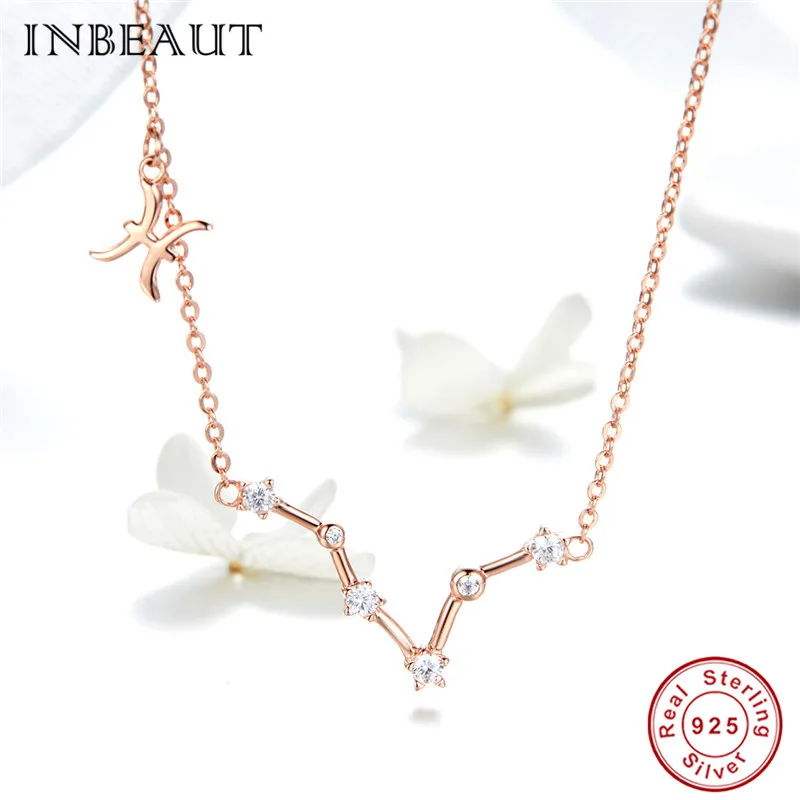INBEAUT 925 пробы серебро розовое золото 12 созвездий весы Aries Циркон Стрелец с подвеской со знаком Рыб ожерелья для женщин