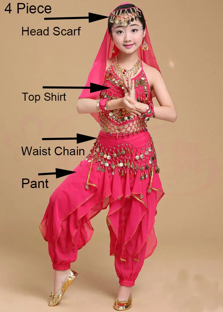 Hot Pink 4 Piece Костюм для танца живота для девочек, детское платье для индийского танца, Детские Танцевальные Костюмы Болливуда для девочек, танцевальная одежда для выступлений, 6 цветов - Цвет: Hot Pink 4 Piece