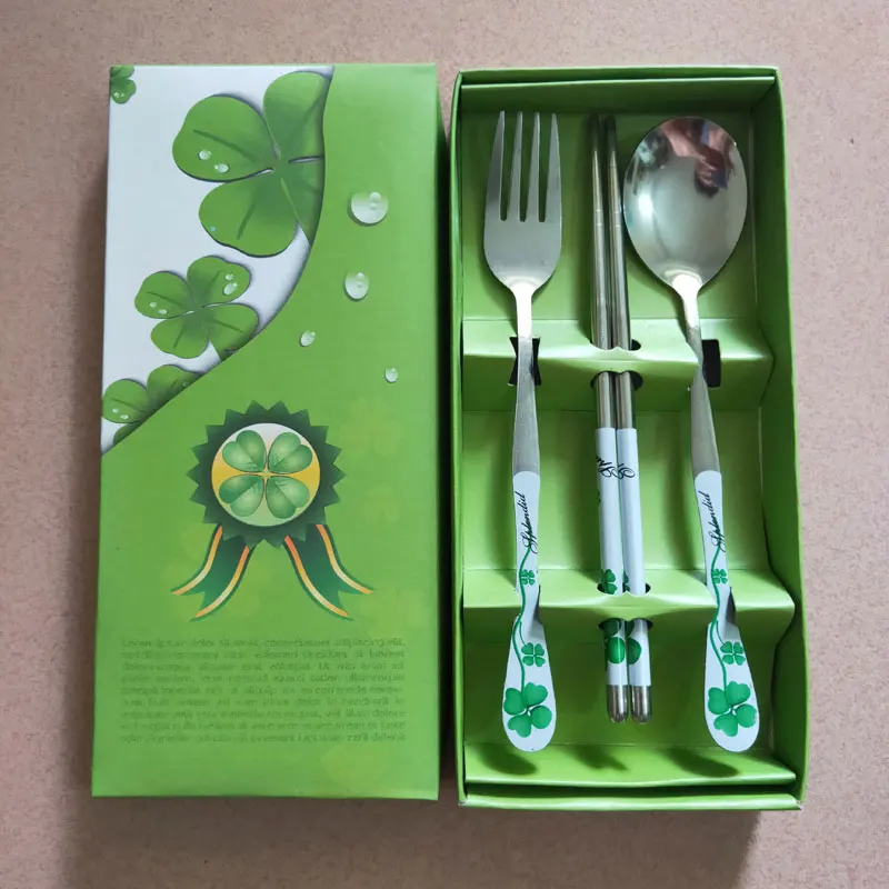 Four Leaf Clover Посуда столовые приборы набор поршней включая Ложка Вилка палочки для еды Красивый узор Нержавеющая сталь путешествия столовый набор 3 шт./компл. Кухня аксессуары - Цвет: Four Leaf Clover
