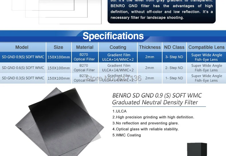 Benro HD GND фильтр SD GND 0,9(S) мягкий WMC Градуированный фильтр с нейтральной плотностью для камеры ультратонкий оптический стеклянный DHL