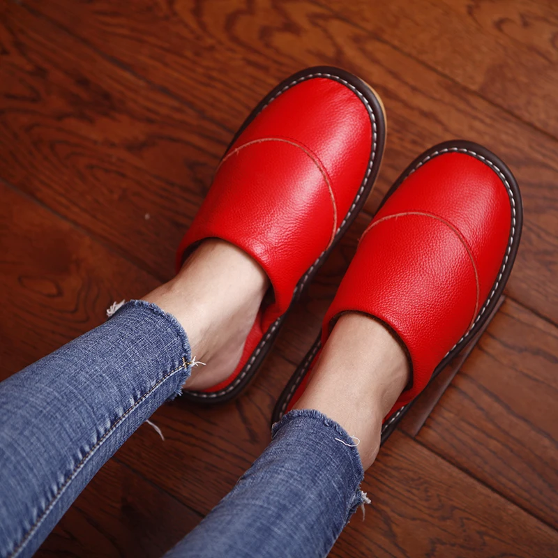 

Women's Genuine Leather Indoor Slippers for Spring/Autumn Soft and Comfortable Couple's Home Shoes Anti-Slip Men Casual Shoes
