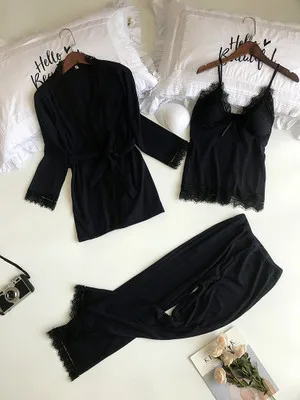 navy blue Daeyard, хлопковые женские пижамы, наборы с нагрудными накладками, весенние сексуальные кружевные пижамы, женские пижамы, Ночная одежда, 3 штуки, элегантная домашняя одежда - Цвет: navy blue