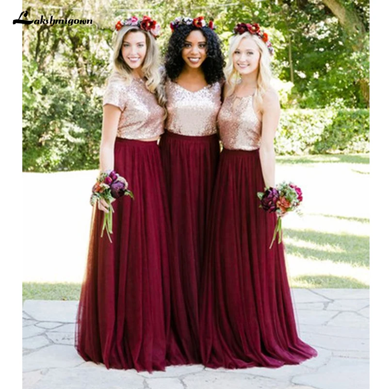 

Two Tone Pieces Rose Gold Sequin Burgundy Bridesmaid Dresses Long Junior Maid of Honor Wedding Party Guest Dress Cheap