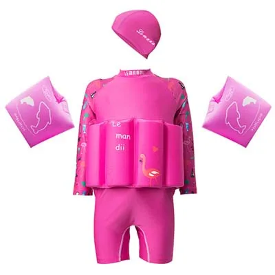 Rose red flamingo Плавучие купальные костюмы с принтом для девочек Мальчики Купальники Детские тренировочные костюмы для плавания шляпа надувные рукава - Цвет: Rose red flamingo