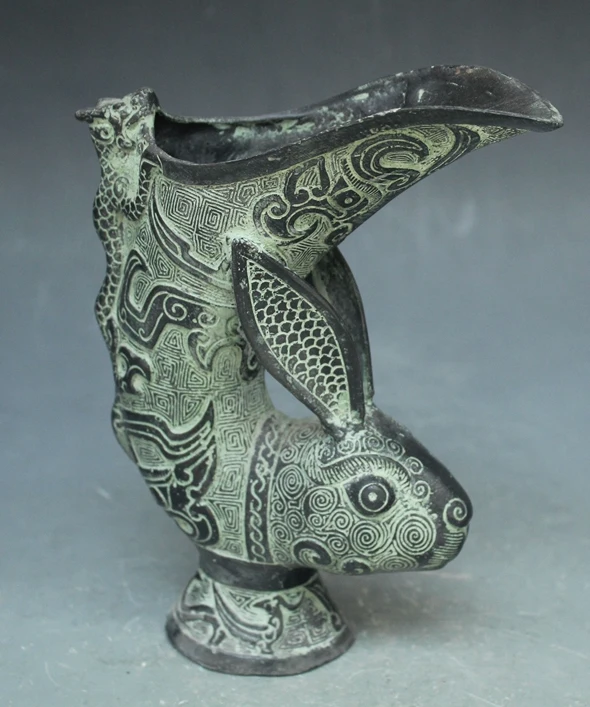 

Exquisite Interesting Chinese Bronze Archaistic Auspicious Rabbit Head Statue Ornament Wine Cup