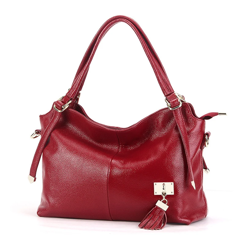 Вместительная сумка тоут из натуральной кожи с кисточками 35*27*15 см женская через