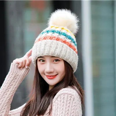 Large wool ball colour strip knitted outdoor plush and thicker cap warm autumn winter ladies⟊p |