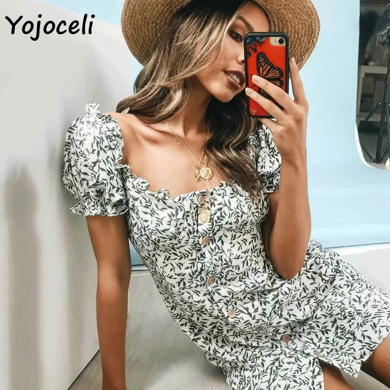 Yojoceli chic листья Платье с принтом для женщин Лето 2019 г. квадратный средства ухода за
