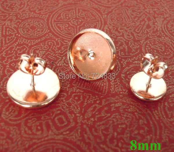8mm New Rose Golden Brass Blank Bases Round Bezel Pin Stud Earrings Post w/ Stopper Earring Settings Findings Wholesale - купить по