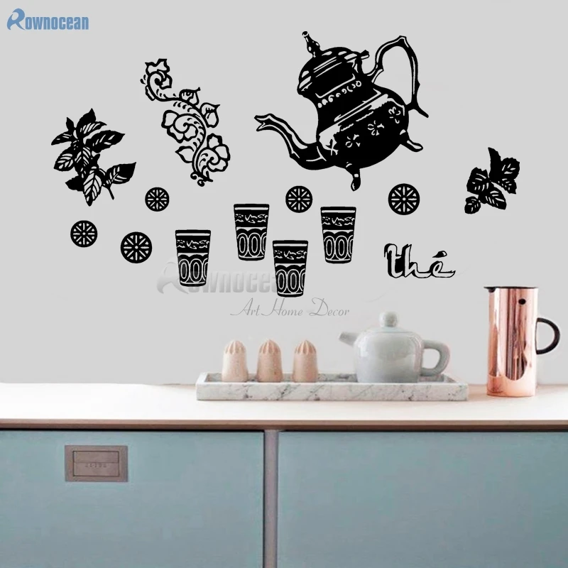 New Arrival Retro Home Decoration Tea Set teapot Cup Of Tea Art Wall Stickers Vinyl Wall Decals DIY Kitchen Wallpaper Mural D589