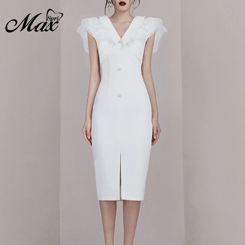Женское офисное платье Max Spri белое однотонное шифоновое с v-образным вырезом и