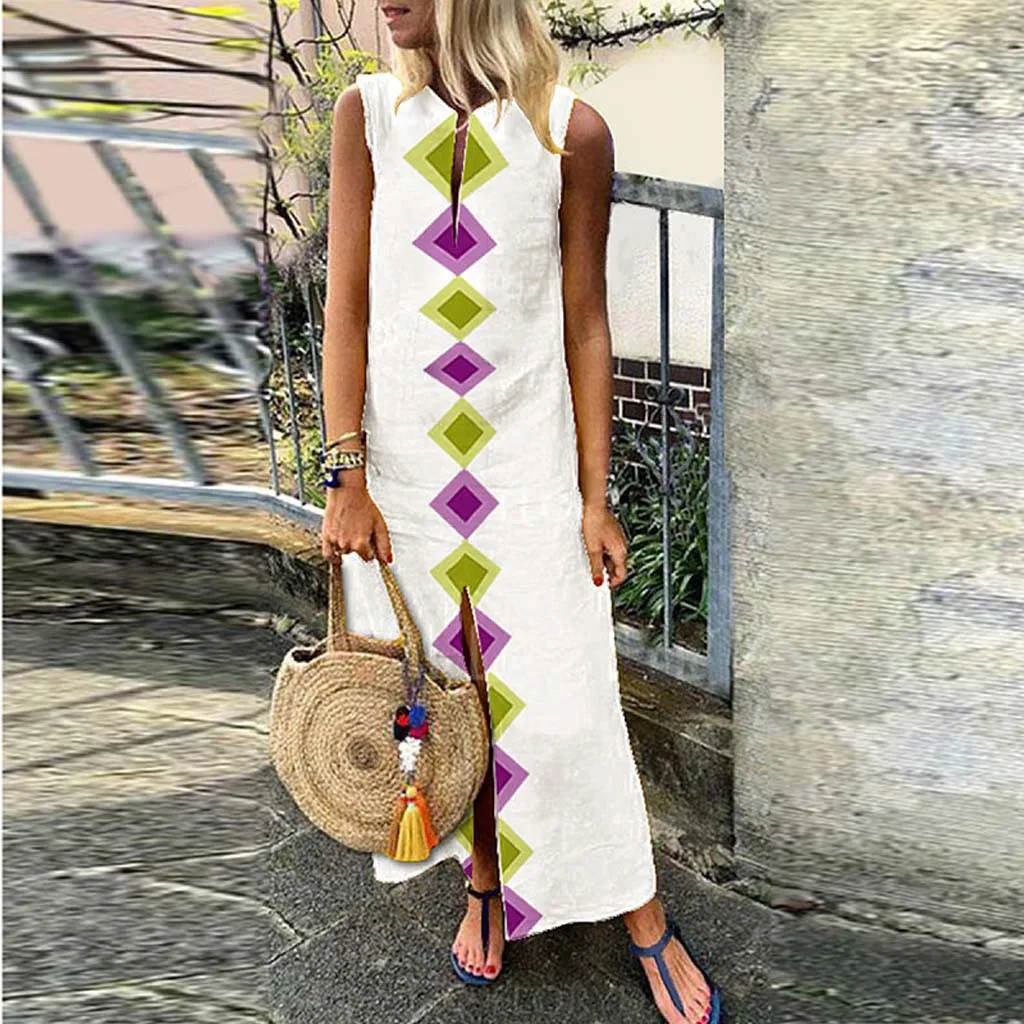 Платье женское длинное с винтажным принтом летнее тонкое сексуальное без