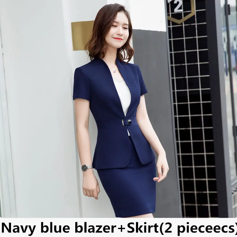 Navy blue suit skirt Dushicolorful юбка костюм женский комплект из двух предметов с коротким рукавом офисная одежда Дамская мини юбка комплект летняя черная деловая униформа - Цвет: Navy blue suit skirt