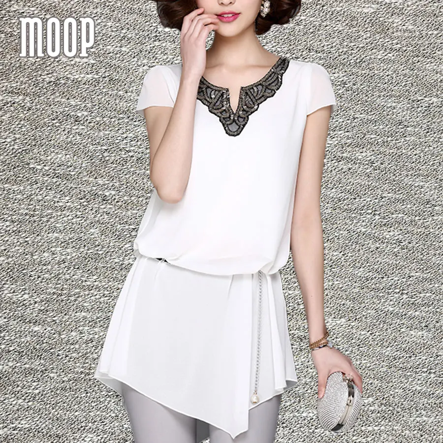 Женщины топы с длинным нерегулярные шифон блузка женщины бисером декор blusas y camisas