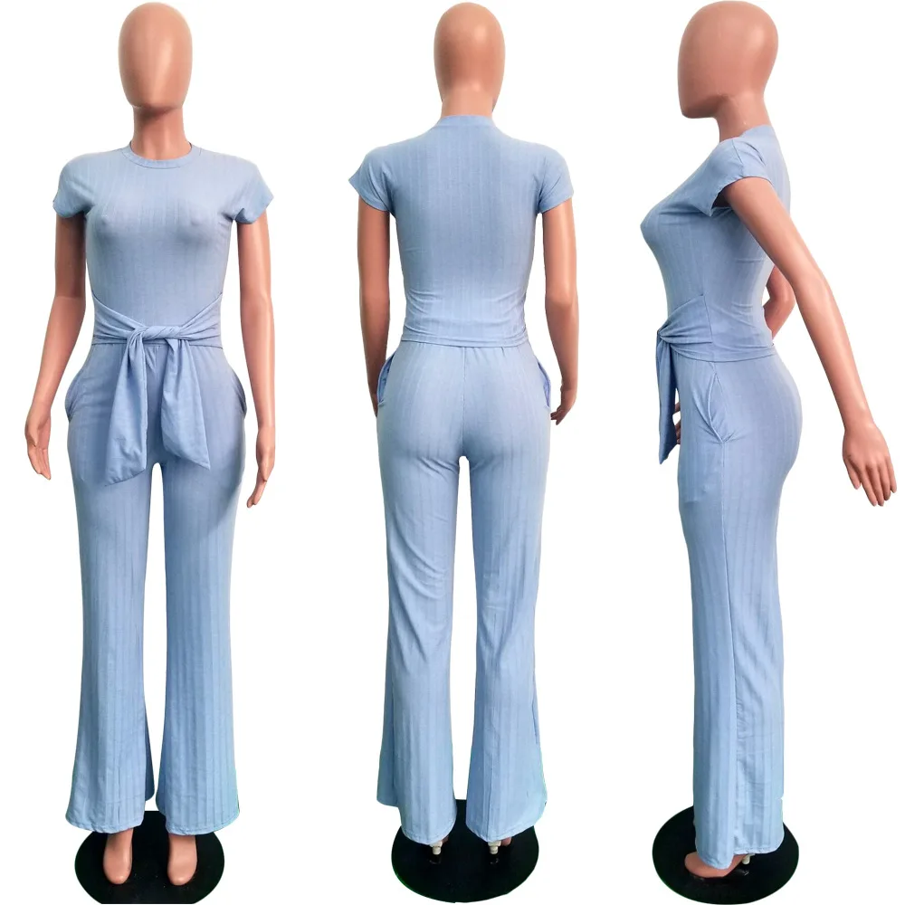 

2019 Summer Fashion Sexy Solid Color Short O-Neck Rib Losse Pants Sport Casual Slim Two Piece Outfits