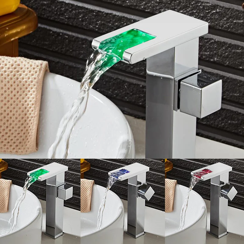 

Brass Chromed Water Power Tap temperature controlled 3 colors LED waterfall faucet Deck mounted bathroom basin faucet LT-517C