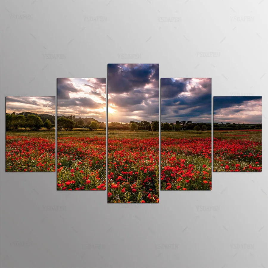 

5 panel HD printed painting The ocean of red flowers canvas home decor wall art picture for living room kn-191