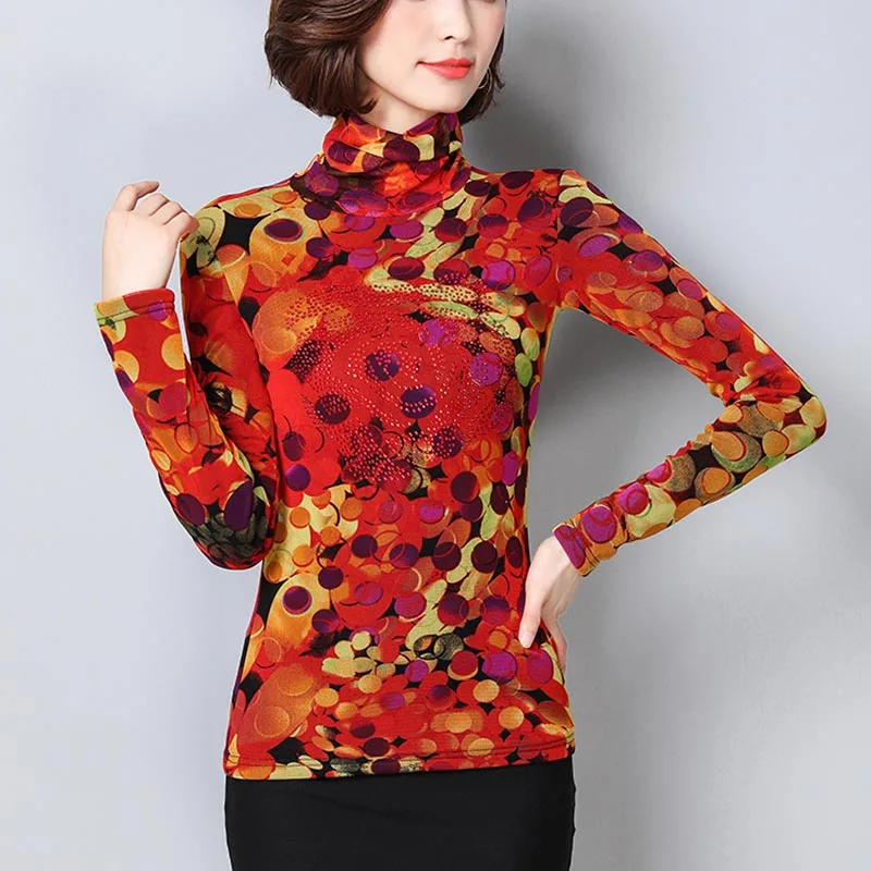 Блузка женская зимняя с высоким воротником и принтом батальных размеров 6XL|blusas