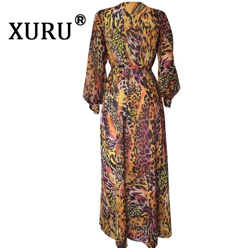 

XURU summer new women's printed chiffon long dress bohemian beach dress V-neck long-sleeved large floral dress hem has a lining