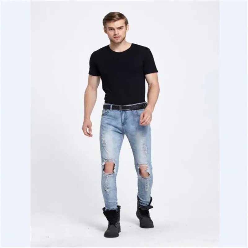 Синие рваные с отверстиями Узкие Брюки Slim Fit уничтожено джинсы для мужчин |