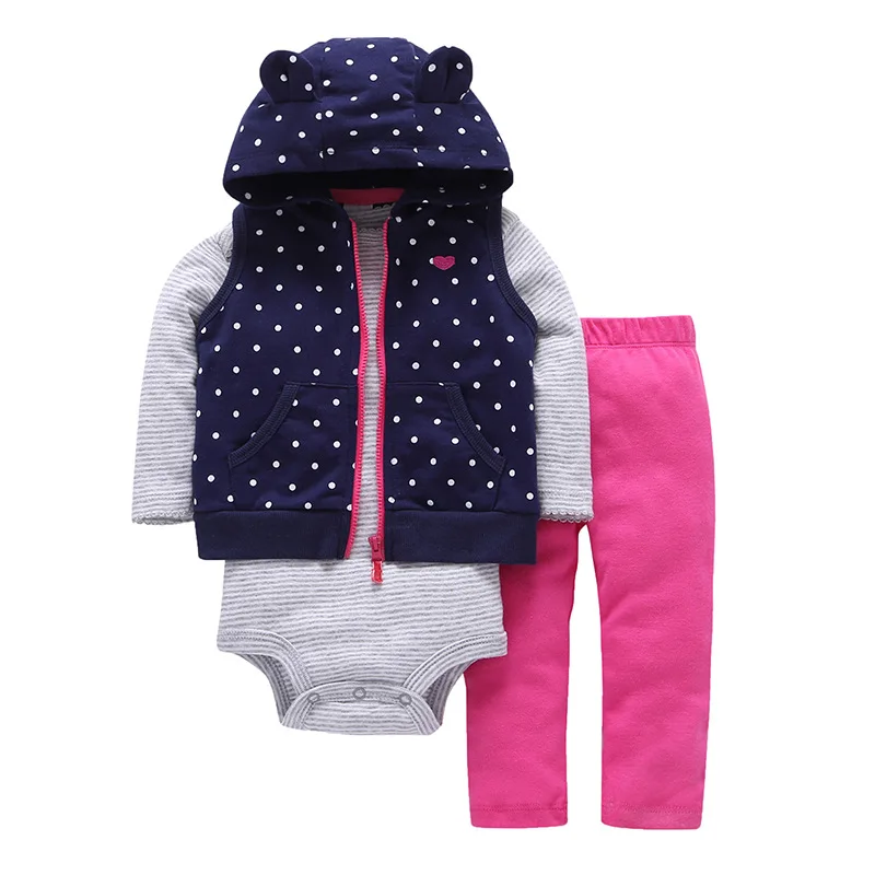 

2019 Spring 3PCS Baby Girl Clothes Set Hooded Baby Coat, Long Sleeve Bodysuit and Pants Set Infant Baby Clothing Set, Vest