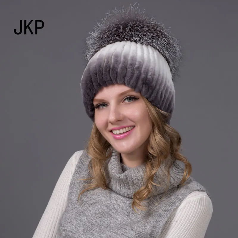 JKP новая зимняя модная женская вязаная меховая шапка из кроличьего меха Рекс с цветами серебристой лисы хорошего качества шапка THY-02 - Цвет: THY 02B