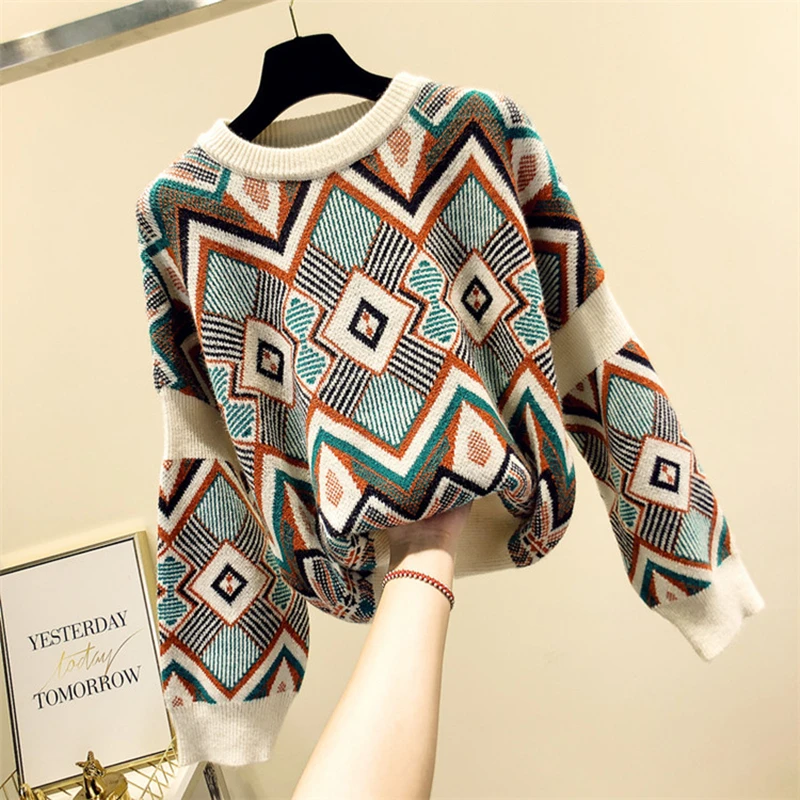 Women's Sweater Oversized Sueter Mujer Invierno 2020 Korean Print Blue Knitted Fashion Women Sweaters and PulloversLW199 | Женская