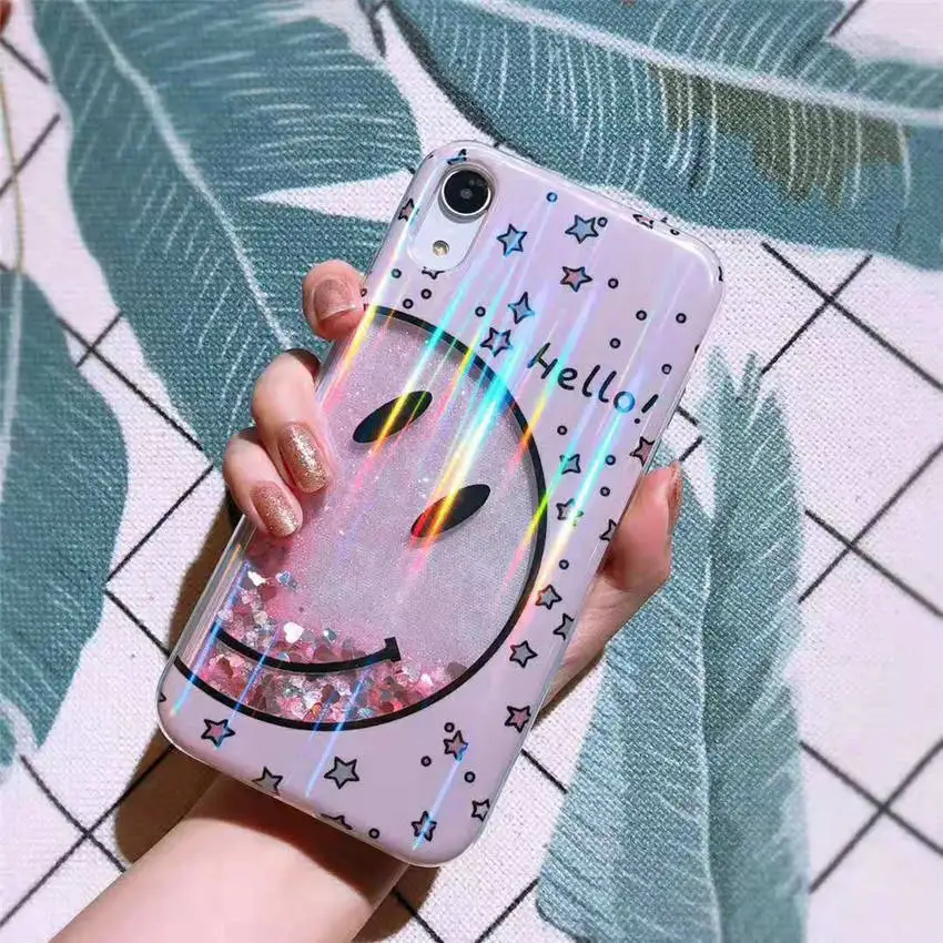 Clear Glitter Quicksand Phone Back Cover For iPhone XR XS MAS 6s 7 8 Plus Bling Dazzle Color Hello Greeting Big Smile Face Cases |