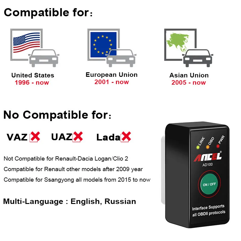 obd2 v1.5 elm 327 v 1.5 bluetooth with Russian Ancel AD100 Car Auto Scanner obd With On/Off Switch Android Phone 25k80 |