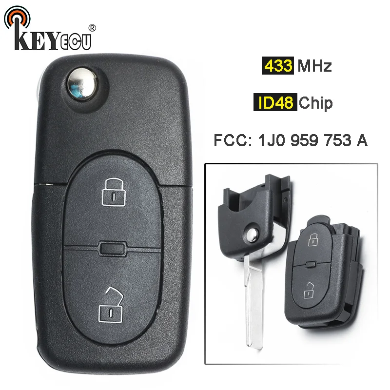 

KEYECU 433MHz ID48 Chip 1J0 959 753 A Flip 2 Button Remote Key Fob for Octavia I Seat Leon VW Volkswagen Passat Golf Bora