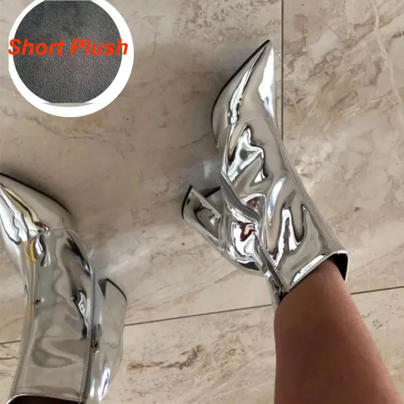 silver-Short Plus Aneikeh/женские осенние ботинки из искусственной кожи на резиновой подошве с острым носком на квадратном каблуке модная женская обувь на высоком каблуке серебристого цвета; размеры 34-40 - Цвет: silver-Short Plus