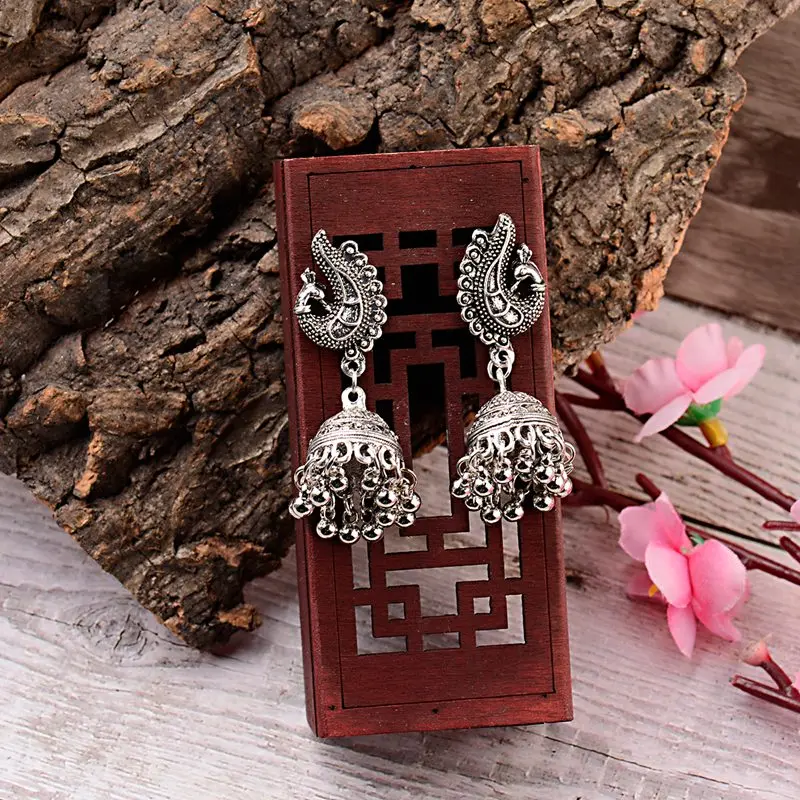 TopHanqi индийские цыганские украшения Jhumka, серебряные, Boho, винтажные Этнические женские серьги, полые Висячие серьги для женщин