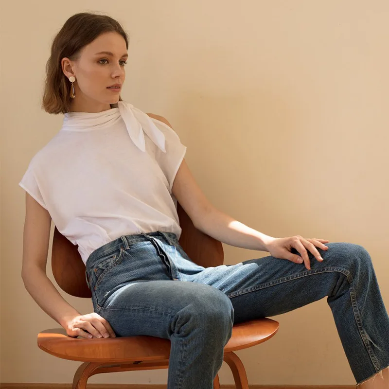 Ellacey 2018 Summer Loose White T-shirt Women One Shoulder Short Sleeve Top T shirt Bow Tie Collar Female Tee Shirt Tops Tees | Женская