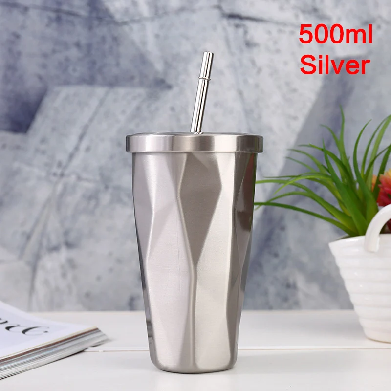 Silver 00245 Термосы 600 мл, термос с смешной градиентной цветной изоляцией, Термокружка для кофе в машину, бутылка для напитков для кофе с соломинкой - Цвет: Silver 00245