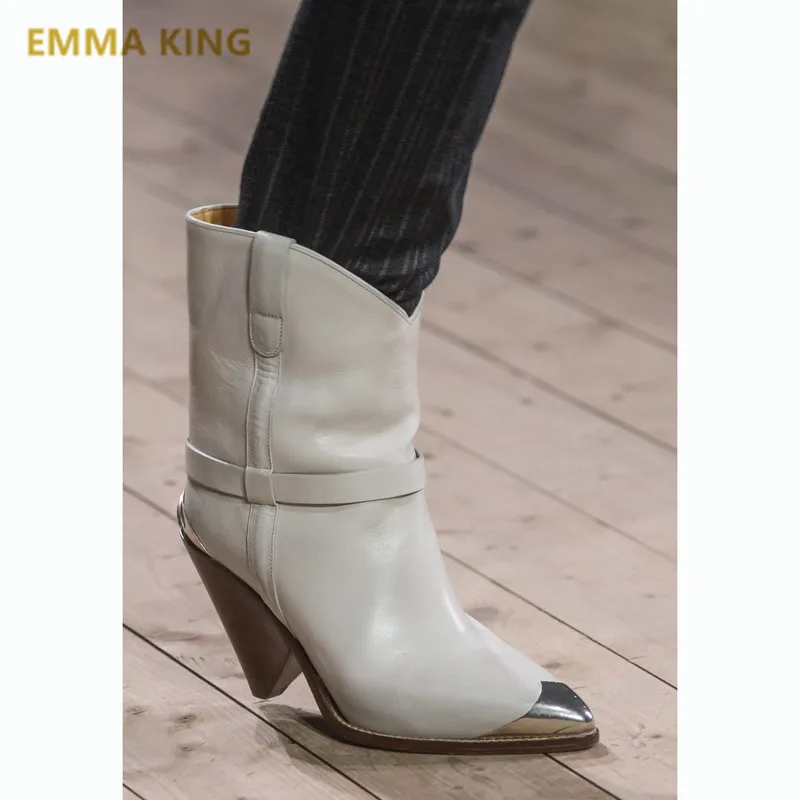 EMMA KING/кожаные сапоги до середины икры с металлическими заклепками и острым