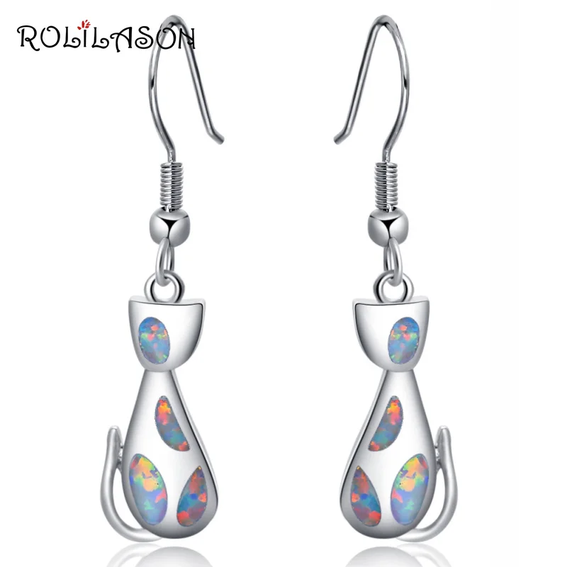 

ROLILASON Charm Animal design White Fire Opal Silver Stamped Drop Earrings Party Fashion Jewelry OE691