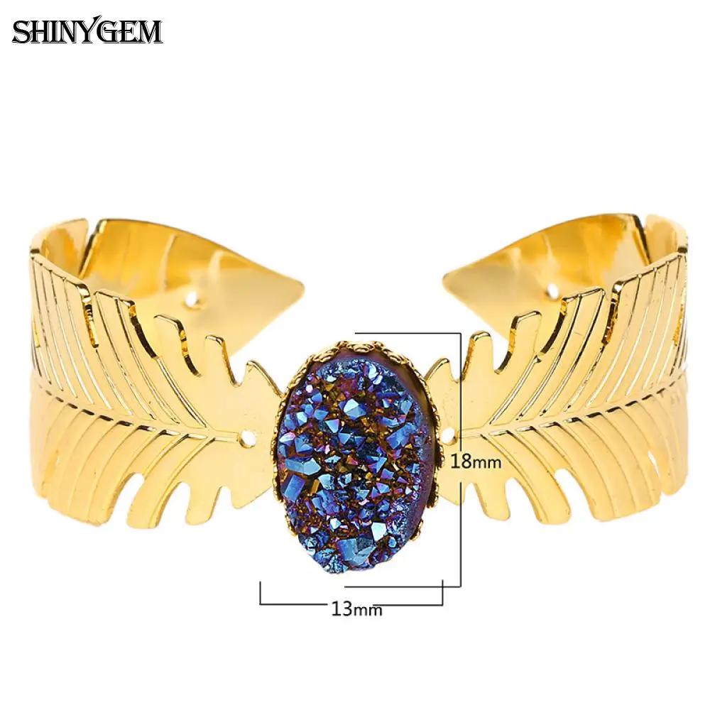 ShinyGem Красочные Овальные браслеты из драгоценных камней с золотыми перьями