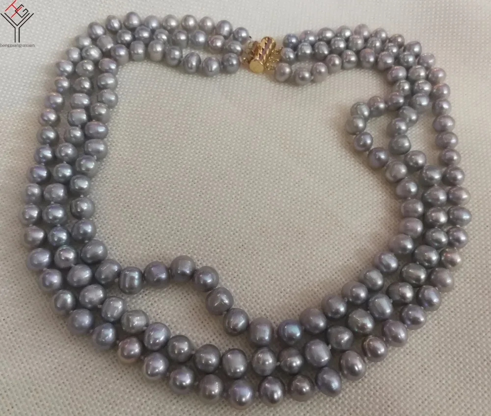 Women Jewelry 3 rows necklace 8mm gray pearl beads handmade natural freshwater cultured | Украшения и аксессуары