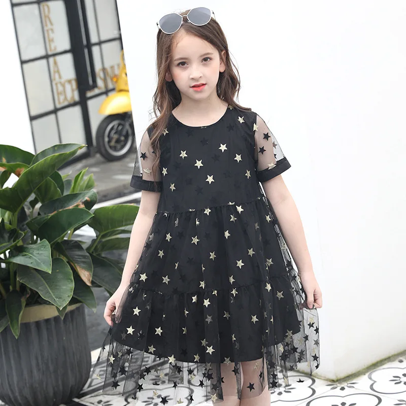Summer Dress 2019 New Children's Princess Black Short-sleeved Cotton+Mesh Star Teenage Girl Clothing 10 12 14 Years | Детская одежда