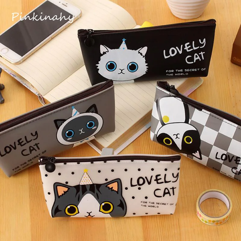 1 х креативный милый кот водонепроницаемый пенал из искусственной кожи на молнии