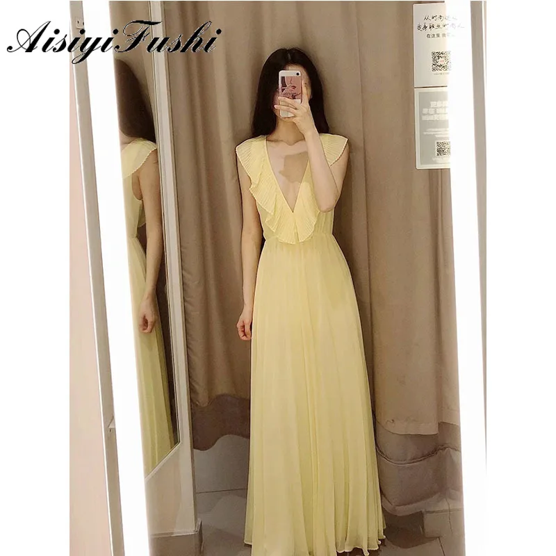 AISIYIFUSHI желтое платье миди с оборками V-образным вырезом без рукавов вечернее