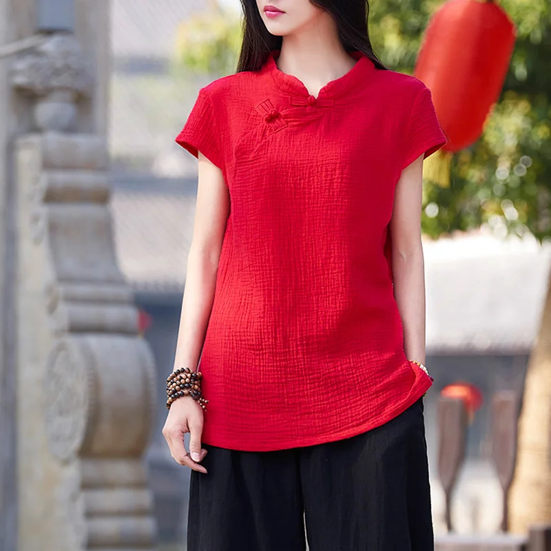 

Chinese style Solid Red White Pink Cotton Women Blouse Shirt Summer Casual Cute Slim Vintage Blouses Original design Tops B160