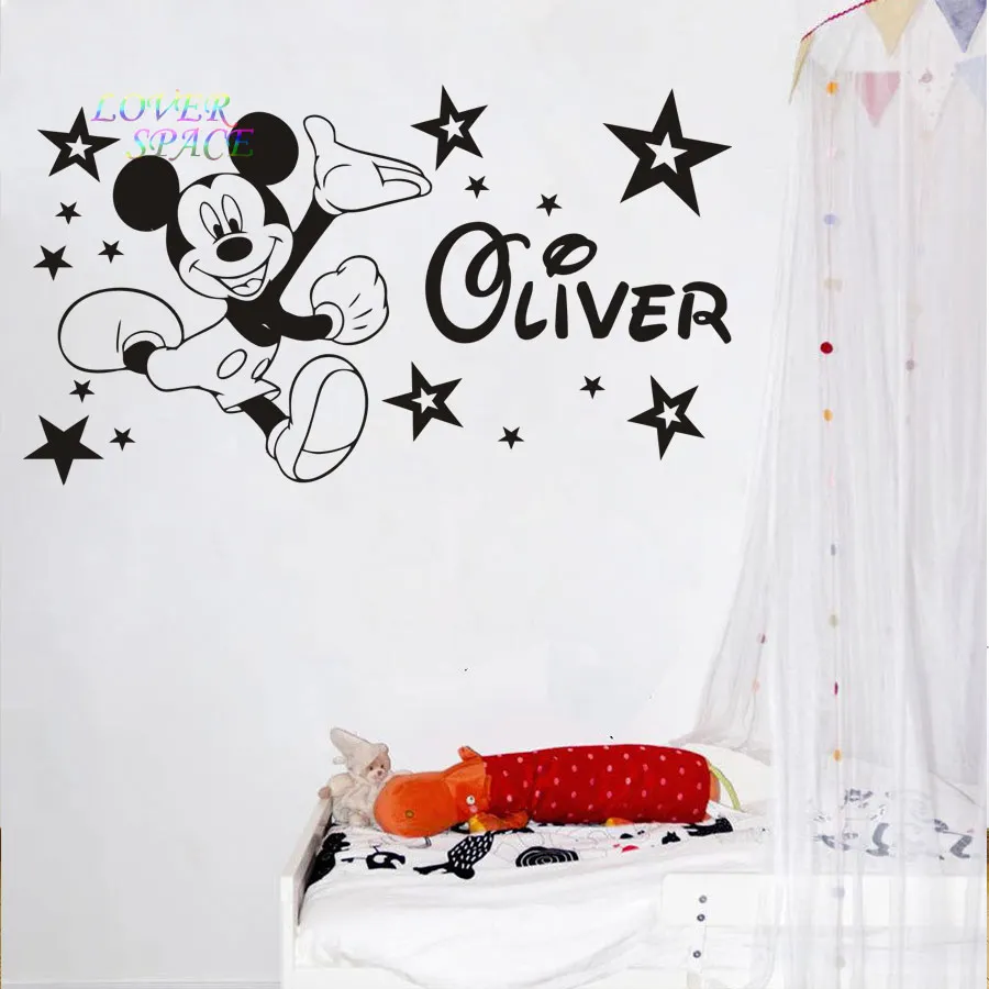 Микки Мышь стены Стикеры индивидуальное имя винил Наклейки звезды декоративные