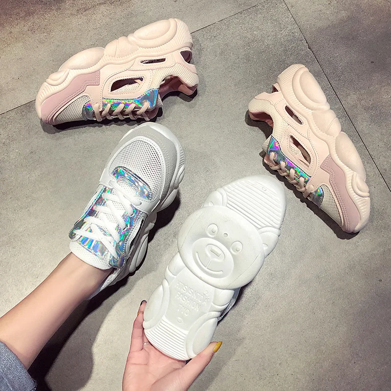 Сетчатая женская обувь на толстой подошве с плюшевым медведем летние кроссовки